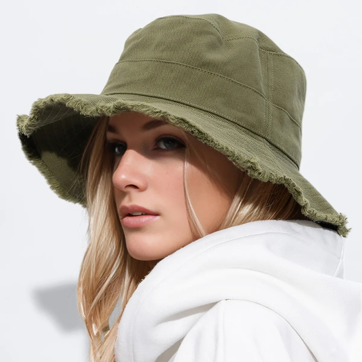 Ladies' denim drawstring torn edge bucket hat, sun resistant outdoor hiking hat, adjustable, fashionable daily travel headwear