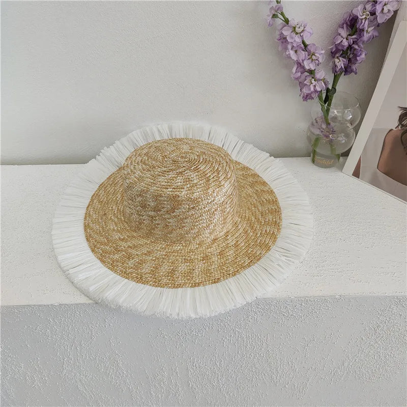 Summer straw hat French elegant seaside travel sun hat bow ribbon flat top large brim straw hat hats for women