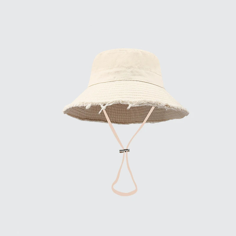 Ladies' denim drawstring torn edge bucket hat, sun resistant outdoor hiking hat, adjustable, fashionable daily travel headwear