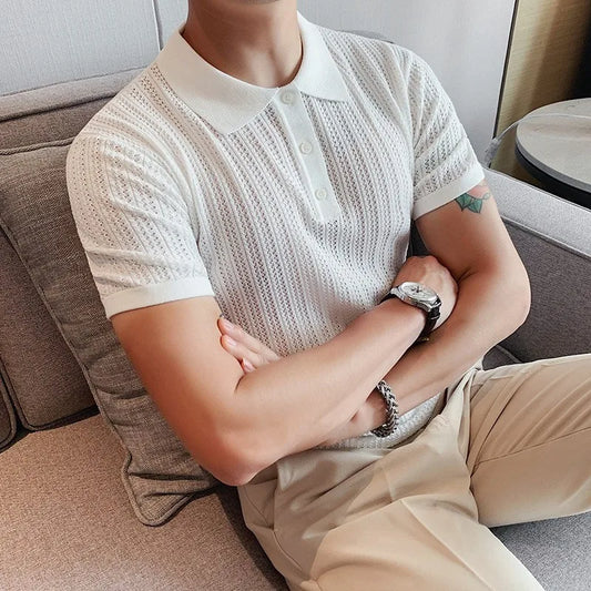 Summer Men's Clothing Luxury Hollow Out Knitted Polo Shirt Retro Solid Color Short-sleeved Korean Popular Knitwear Leisure Tees