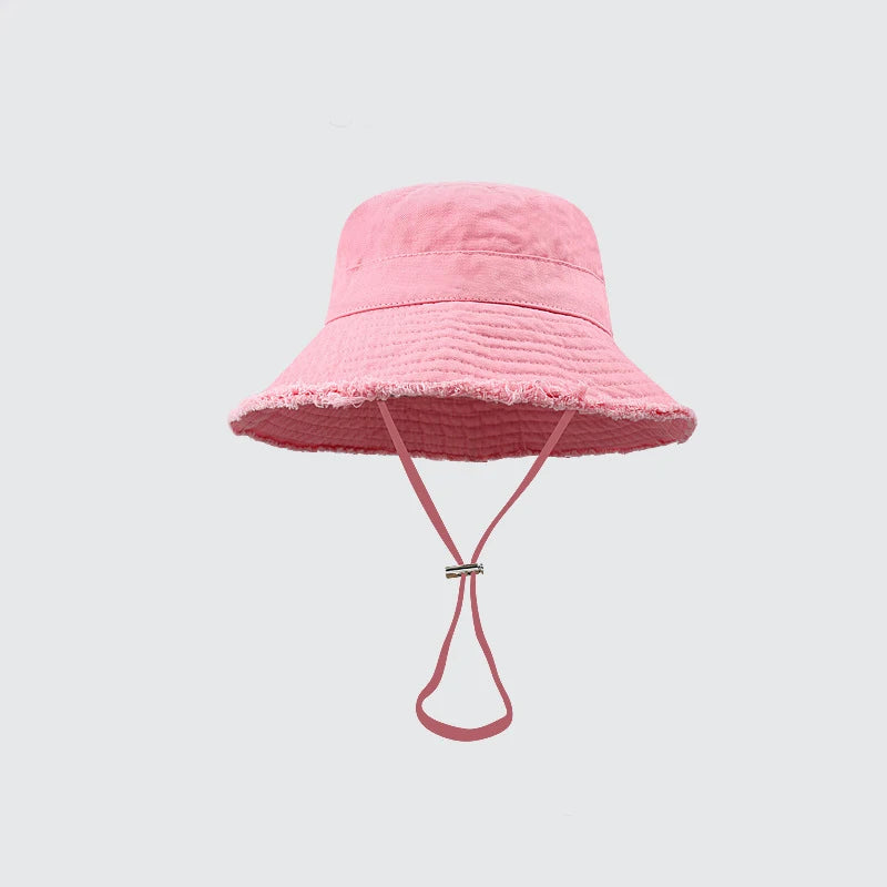 Ladies' denim drawstring torn edge bucket hat, sun resistant outdoor hiking hat, adjustable, fashionable daily travel headwear