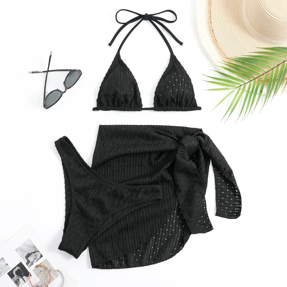 2024 Summer Halter Bikini 3 Pieces Women Special Material Sexy Thong Swimwear With Sarong Skirt White/Black/Pink/Green Beachwear