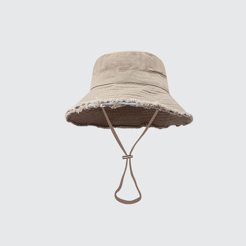 Ladies' denim drawstring torn edge bucket hat, sun resistant outdoor hiking hat, adjustable, fashionable daily travel headwear