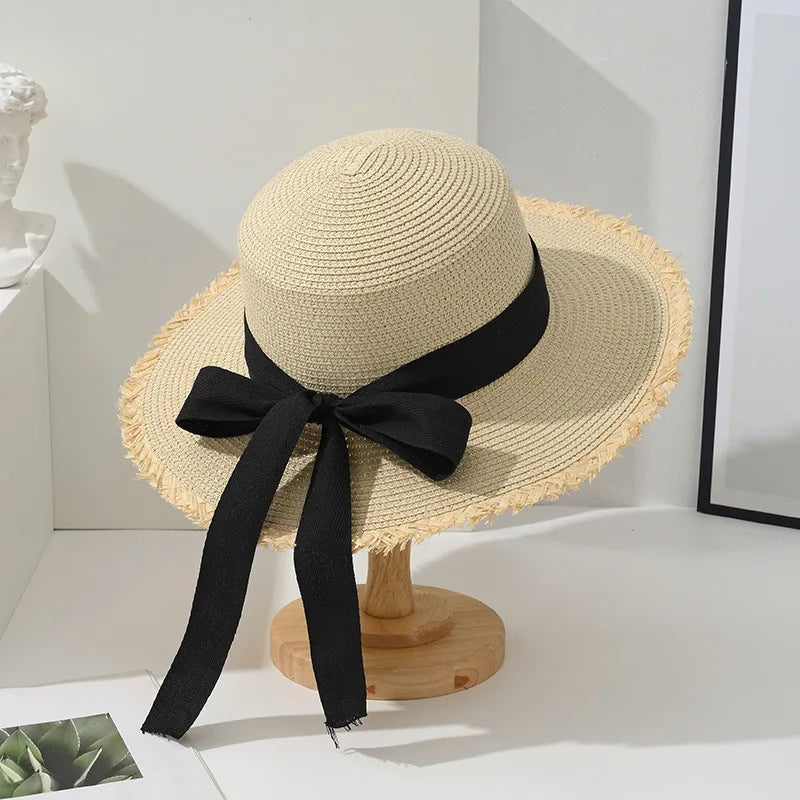 Beach Hat Japanese Everything Hairy Edge Straw Cap Female Summer Flat Top Outing Sun Hat Small Fresh Bow Sun Shade Beach Hat