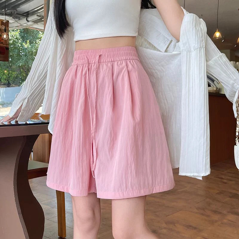 2025 New Lady Casual Ice Silk Drawstring Short Pants Girls Solid Baggy Elastic High Waisted Shorts Women Korean Wide Leg Slacks
