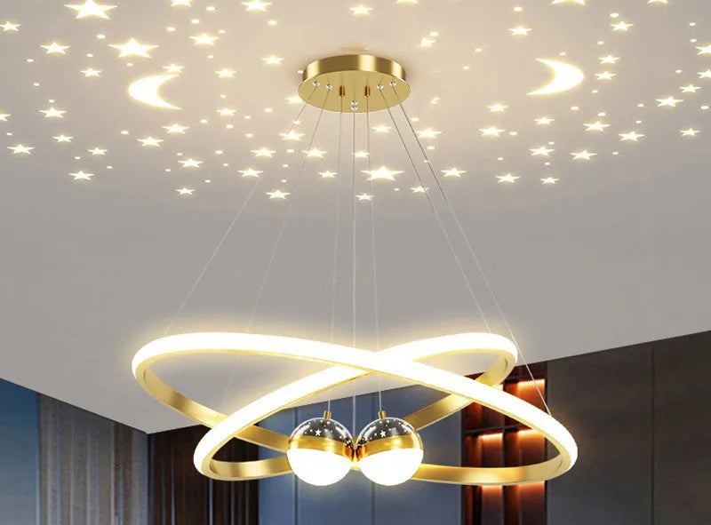 Modern Living Room Ring Chandelier with Moon Stars Creative Black/Gold Ring Circle LED Chandelier Light for Bedroom Dining Room