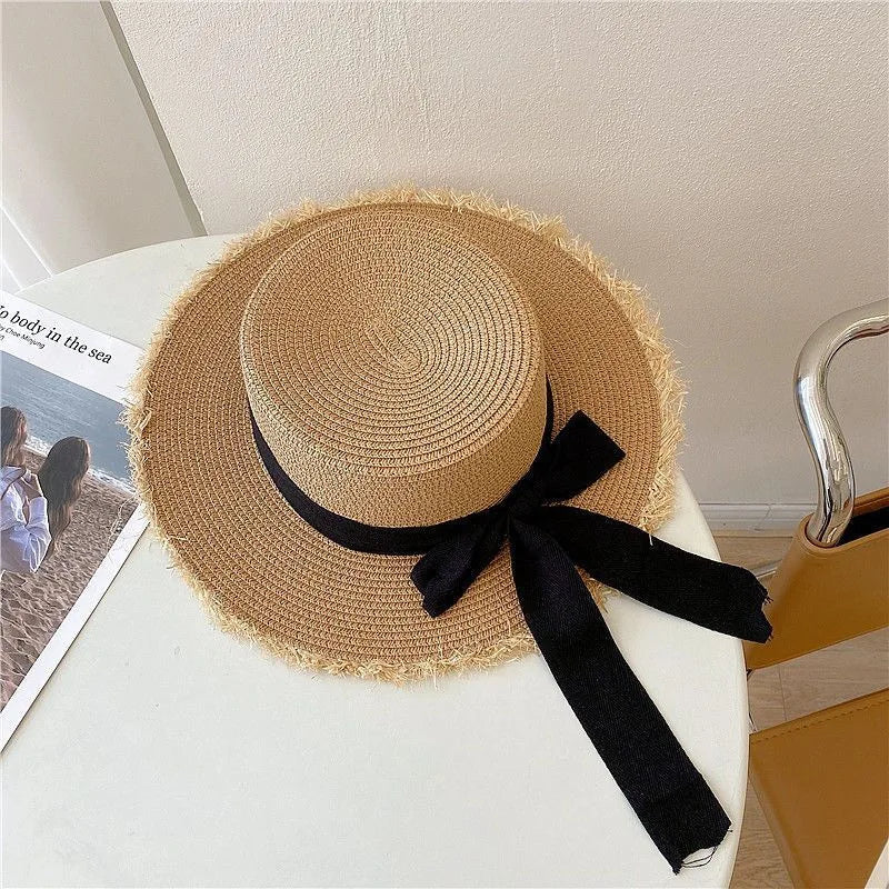 Beach Hat Japanese Everything Hairy Edge Straw Cap Female Summer Flat Top Outing Sun Hat Small Fresh Bow Sun Shade Beach Hat
