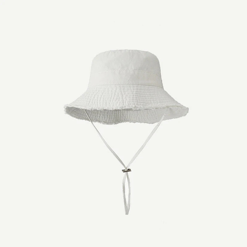 Ladies' denim drawstring torn edge bucket hat, sun resistant outdoor hiking hat, adjustable, fashionable daily travel headwear