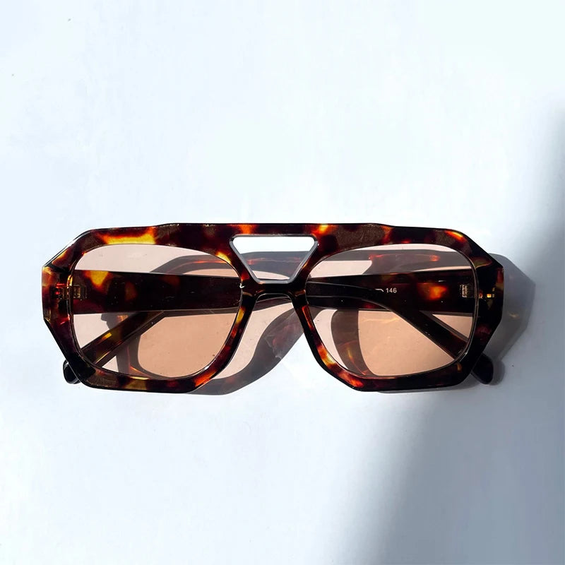 Retro Double Bridges Women's Sunglasses Big Frame Leopard Brown Gradient Eyewear Fashion Brand Designer Sun Glasses Men Shades