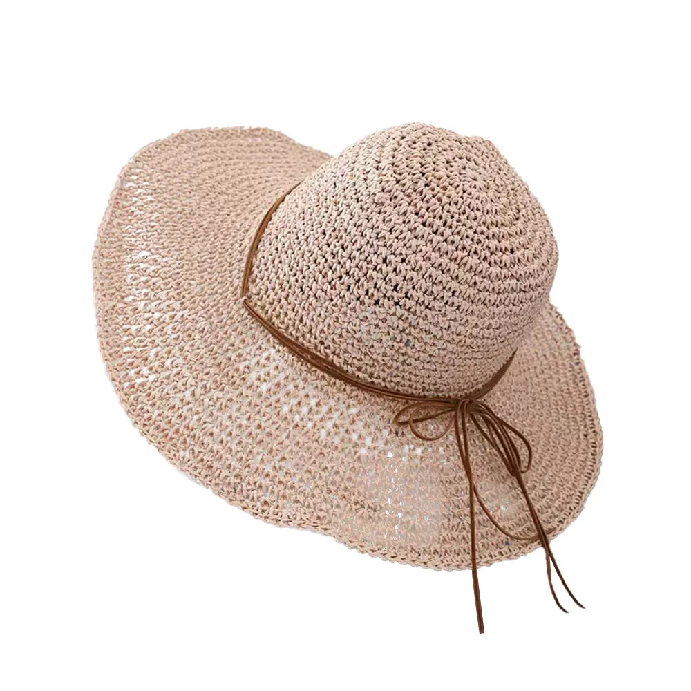 Women's summer beach hat with UV protection and sun protection, woven with large cloth and grass for sun protection