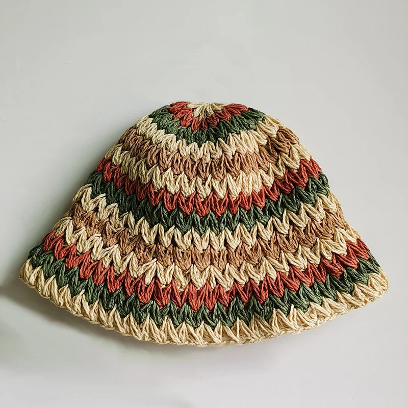 women straw hat summer Rainbow Striped Crochet Woven Straw Bucket Hat sun hat fashion Foldable straw hat travel