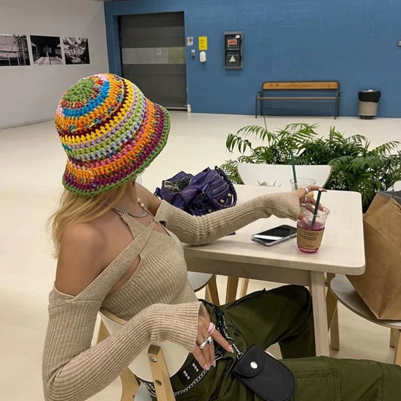 women straw hat summer Rainbow Striped Crochet Woven Straw Bucket Hat sun hat fashion Foldable straw hat travel