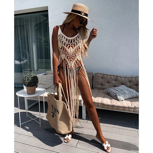 2024 Crochet Tunic Bikini Cover-ups Sexy Hollow Out Dress Women Summer Clothes Beach Wear Swim Suit See Through Tassel Cover Up