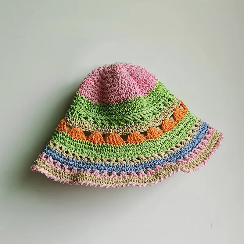 women straw hat summer Rainbow Striped Crochet Woven Straw Bucket Hat sun hat fashion Foldable straw hat travel