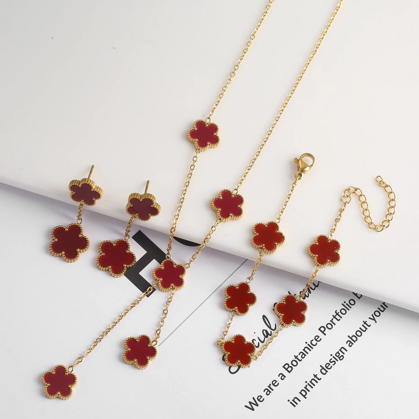 New Design Of Tassel Earrings Plum Blossom Plant Jewelry Set For Women Asymmetrical Stainless Steel Non Fading Clover