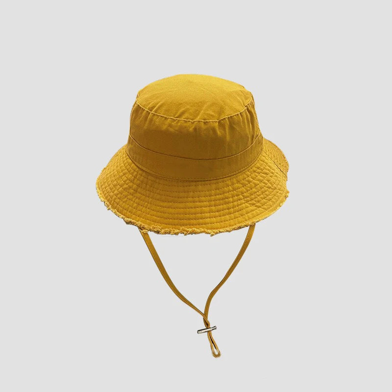 Ladies' denim drawstring torn edge bucket hat, sun resistant outdoor hiking hat, adjustable, fashionable daily travel headwear