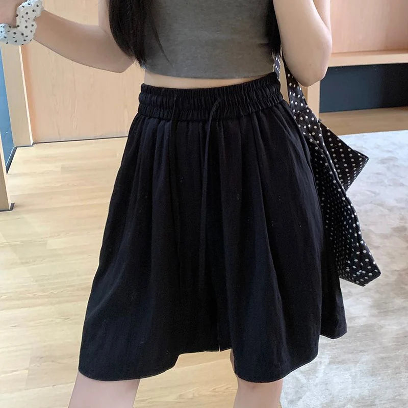 2025 New Lady Casual Ice Silk Drawstring Short Pants Girls Solid Baggy Elastic High Waisted Shorts Women Korean Wide Leg Slacks