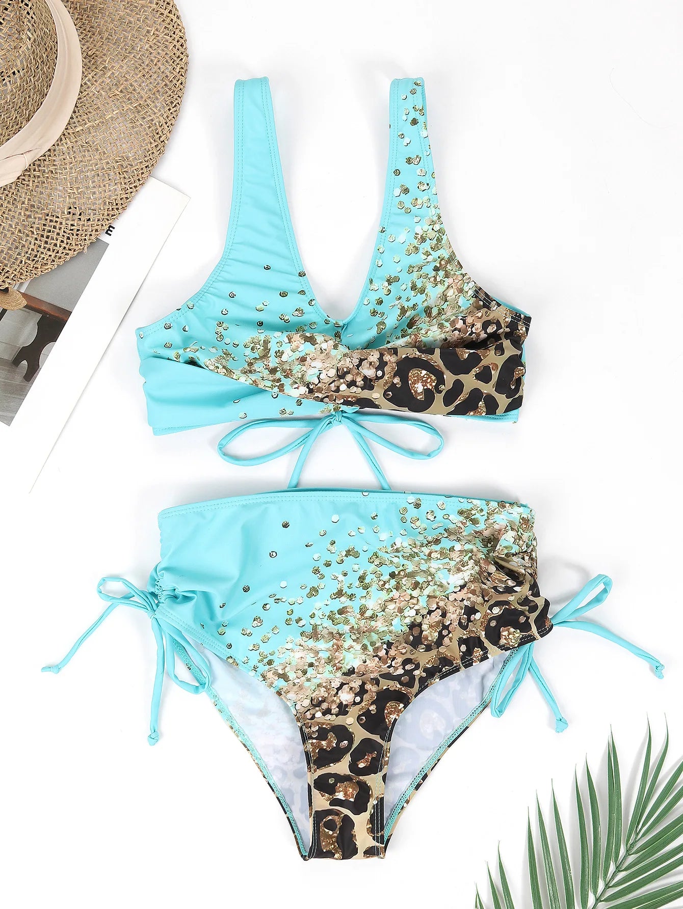 2025 Drawstring V Neck High Waist Bikini Women Printed Swimwear Female Swimsuit Bathers Bathing Swimming Suit Beachwear Summer