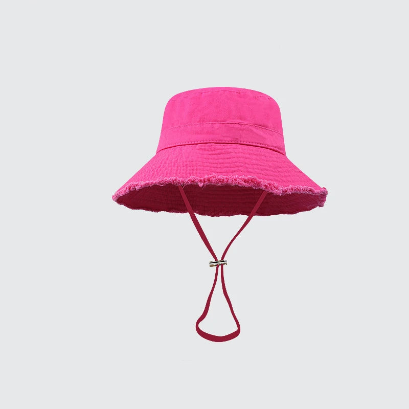 Ladies' denim drawstring torn edge bucket hat, sun resistant outdoor hiking hat, adjustable, fashionable daily travel headwear