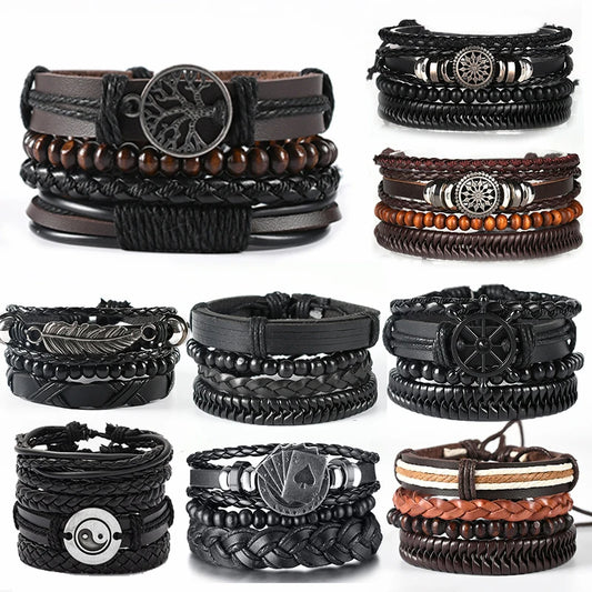 Multilayer Braided Wrap Leather Bracelets Sets For Men Life Tree Handmade Rope Chain Bangles Wristbands Boyfriend Gift Jewelry