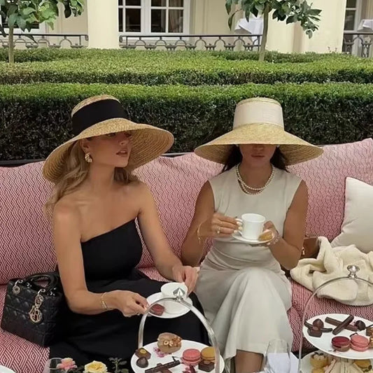 Summer straw hat French elegant seaside travel sun hat bow ribbon flat top large brim straw hat hats for women