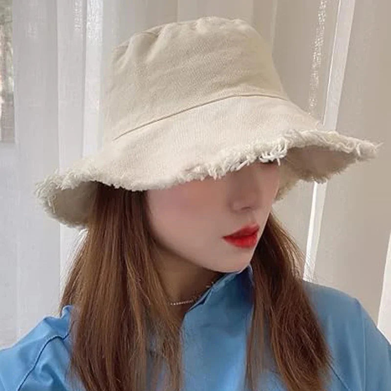 Cotton Fringed Bucket Hat  Soft Fisherman Cap  Aluminum Wire Shape Water Wash  Women's Four Seasons Solid Outing Basin Hat
