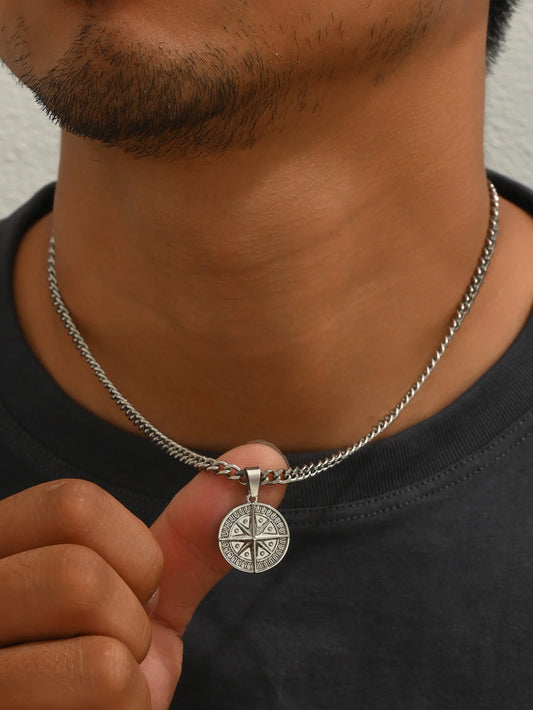Men's Silver Color Punk Style Metal Chain Necklace Pendant Compass Shape Star Fashion Men's Necklace Jewelry
