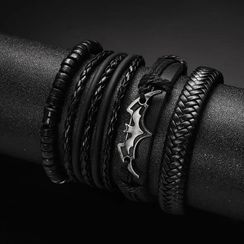 4Pcs/set Leather Beaded Black Bat Bracelet Charming Men's Bracelet New Fashion Hip Hop Punk Accessories Jewelry Gift Wholesale