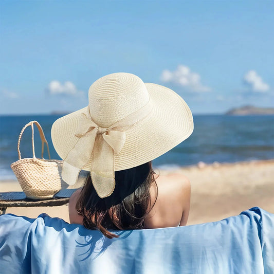 Summer Elegant Beach Sunshade Straw Hat Women's Beach Vacation Sunscreen Knitted Hat Beach Bowknot Wide Brim Floppy Panama Hats