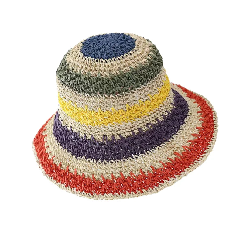 women straw hat summer Rainbow Striped Crochet Woven Straw Bucket Hat sun hat fashion Foldable straw hat travel