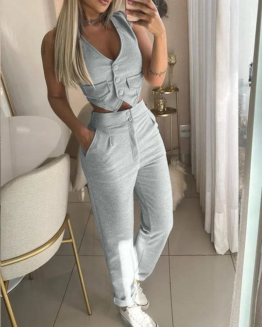 Two Piece Sets Women V Neck Sleeveless Single Breasted Vest Tops Casual Straight Long Pants Set Regular Splice 2023 Autumn