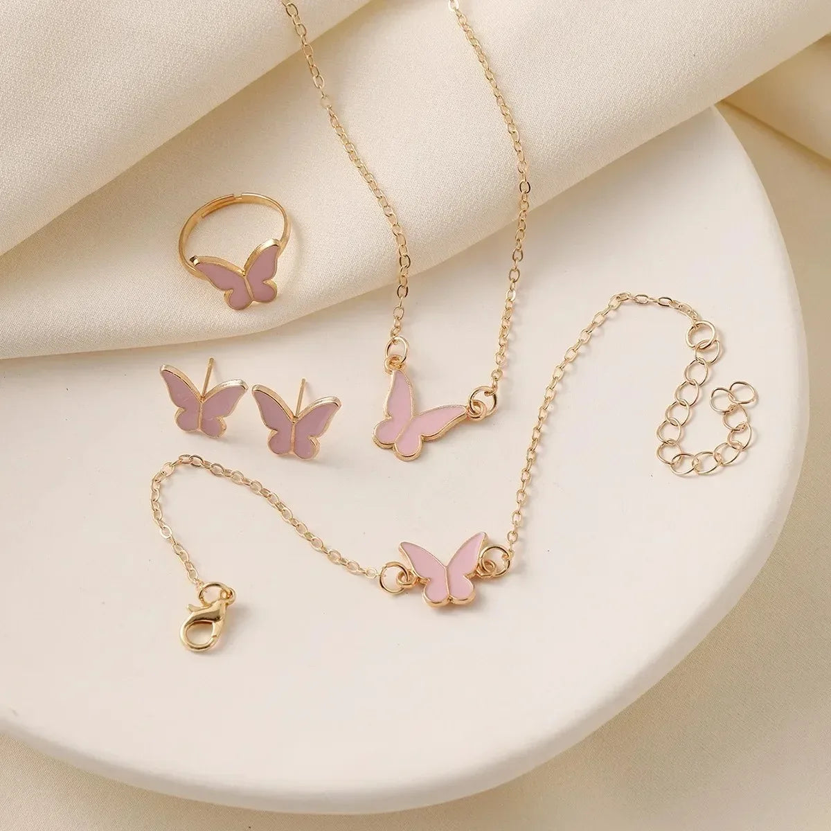 5 Pieces Gold Color Lady Enamel Butterfly Pendant Fashion Accessories Simple Necklace Bracelet Ring Earrings Party Jewelry Set