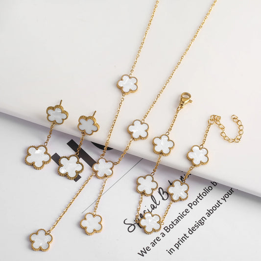 New Design Of Tassel Earrings Plum Blossom Plant Jewelry Set For Women Asymmetrical Stainless Steel Non Fading Clover