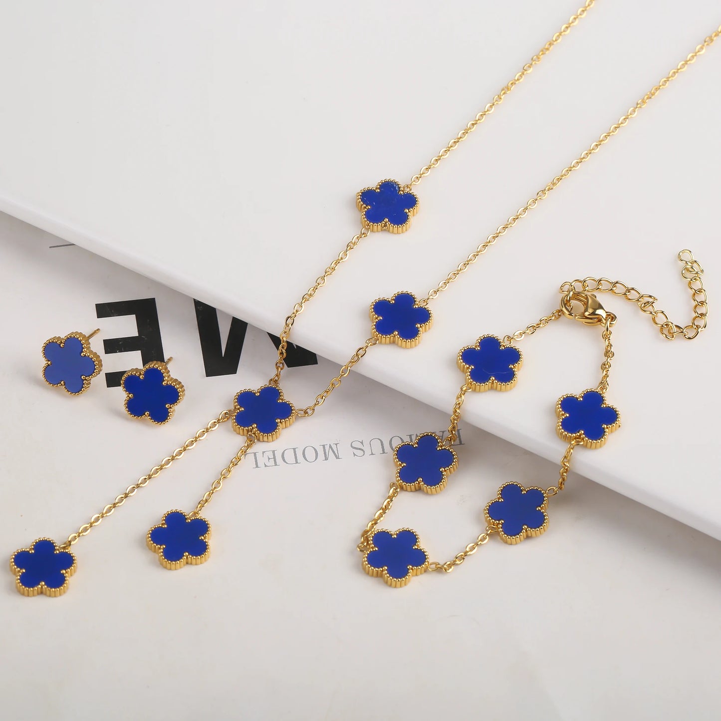 New Design Of Tassel Earrings Plum Blossom Plant Jewelry Set For Women Asymmetrical Stainless Steel Non Fading Clover