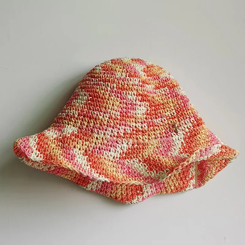 women straw hat summer Rainbow Striped Crochet Woven Straw Bucket Hat sun hat fashion Foldable straw hat travel