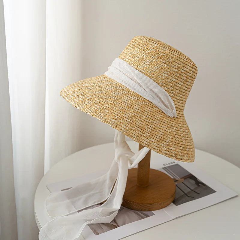 Summer straw hat French elegant seaside travel sun hat bow ribbon flat top large brim straw hat hats for women