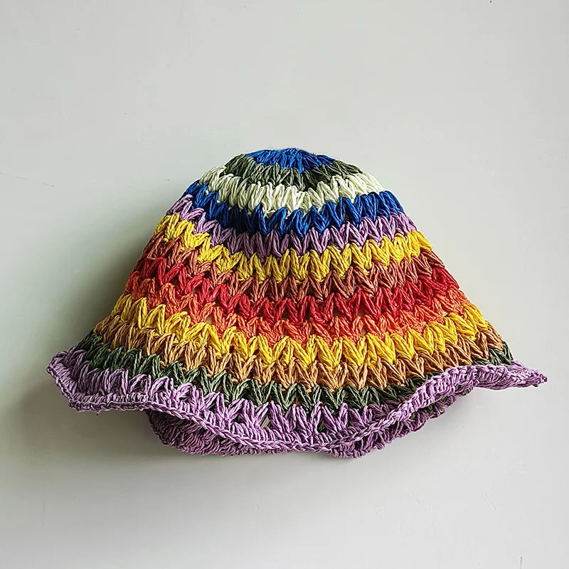 women straw hat summer Rainbow Striped Crochet Woven Straw Bucket Hat sun hat fashion Foldable straw hat travel