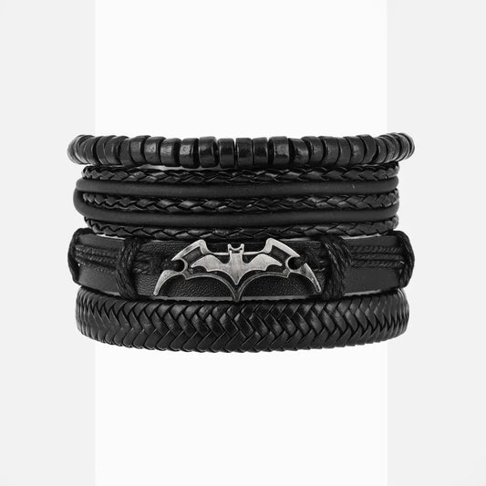 4Pcs/set Leather Beaded Black Bat Bracelet Charming Men's Bracelet New Fashion Hip Hop Punk Accessories Jewelry Gift Wholesale