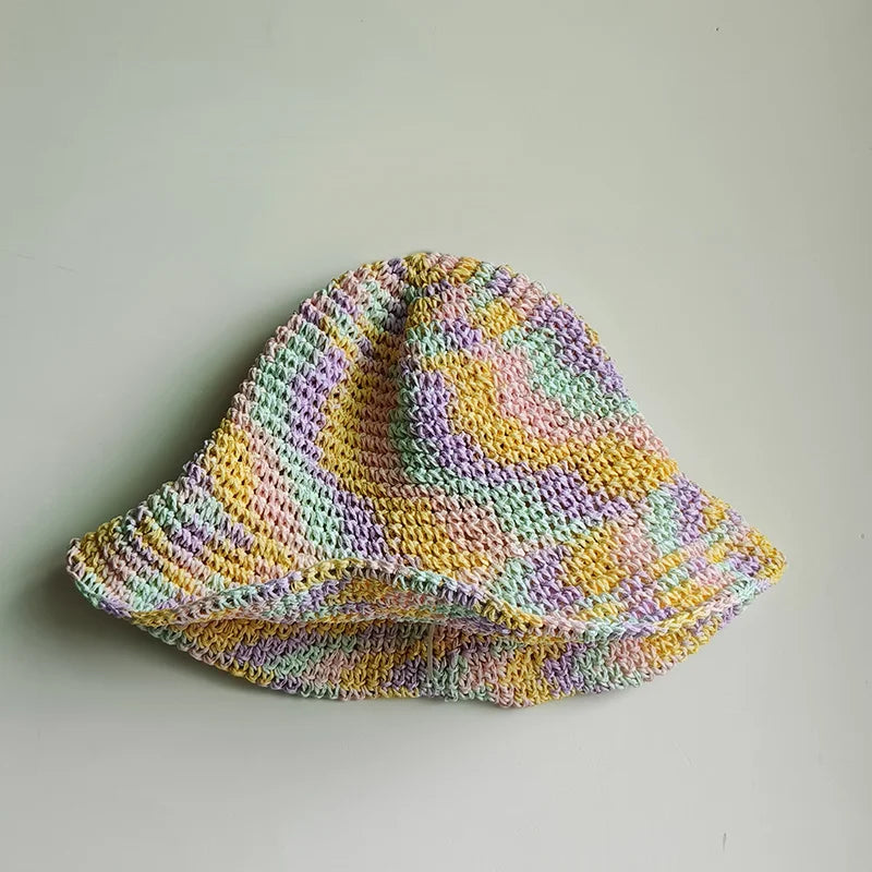 women straw hat summer Rainbow Striped Crochet Woven Straw Bucket Hat sun hat fashion Foldable straw hat travel