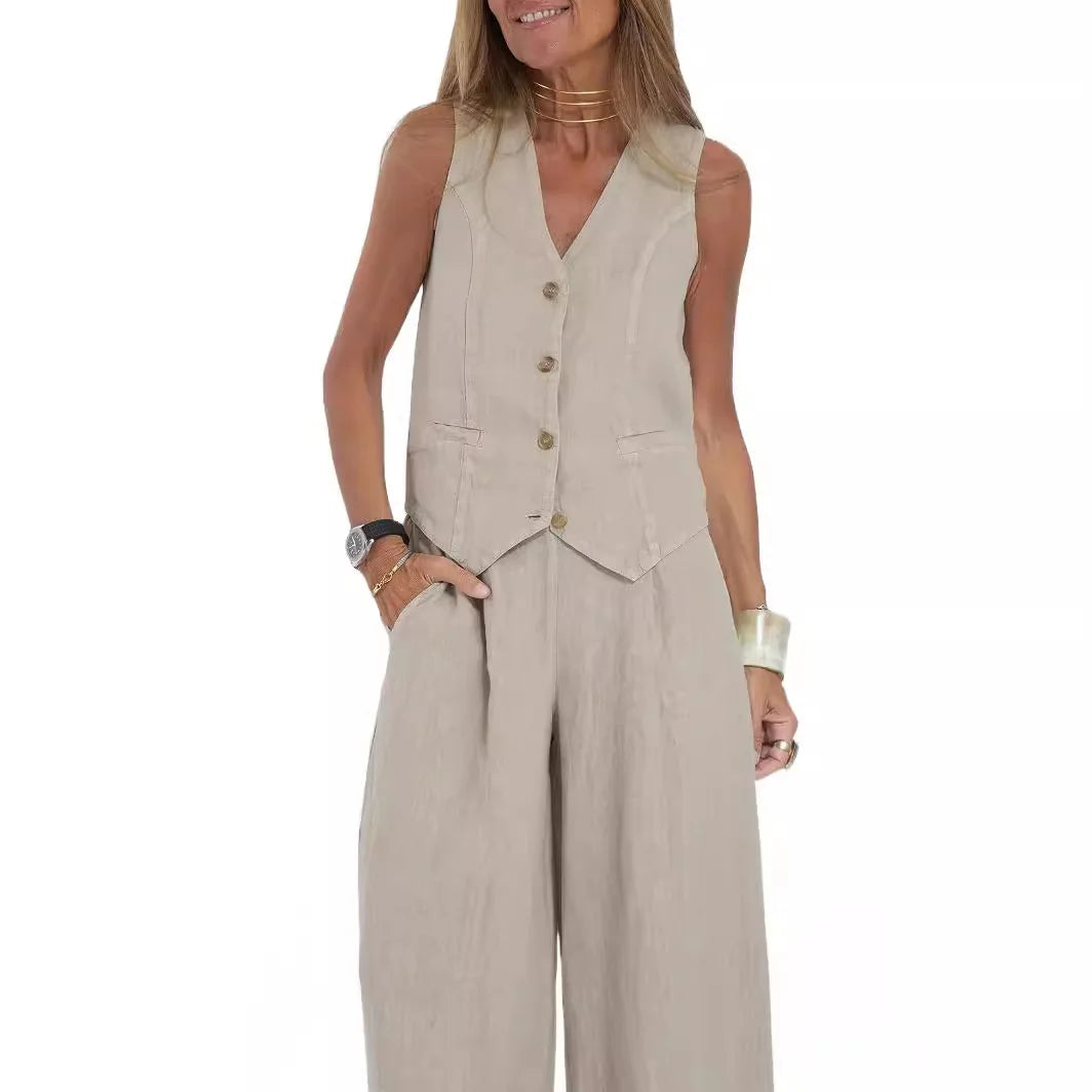 Spring Summer Suit Set Women'S Cotton Linen Wide Leg Suit Set With Sleeveless Vest Long Pants Casual Fashion Outfit 2024 New