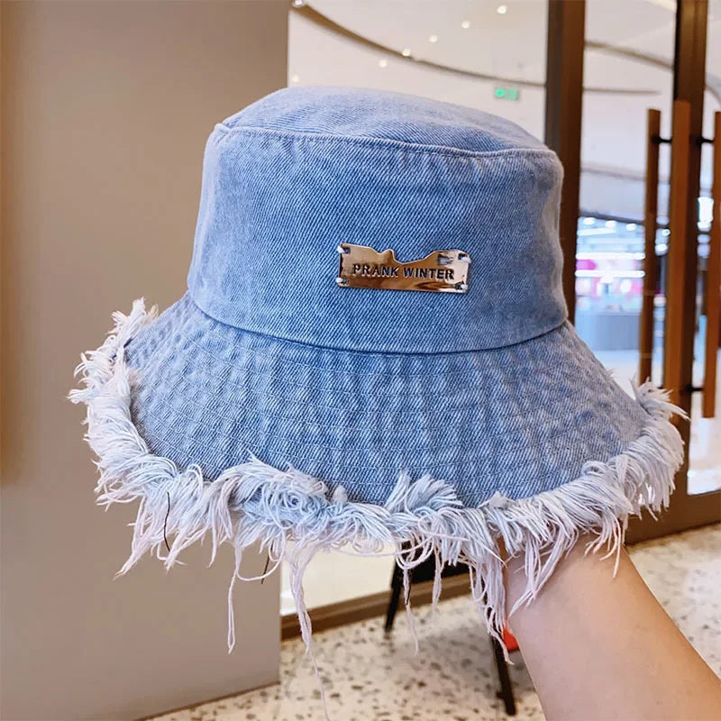 Summer Unisex Tassel Washed Denim Bucket Hats Fashion for Women Wide Brim Foldable Panama Cap Outdoor Beach Fisherman's Hat
