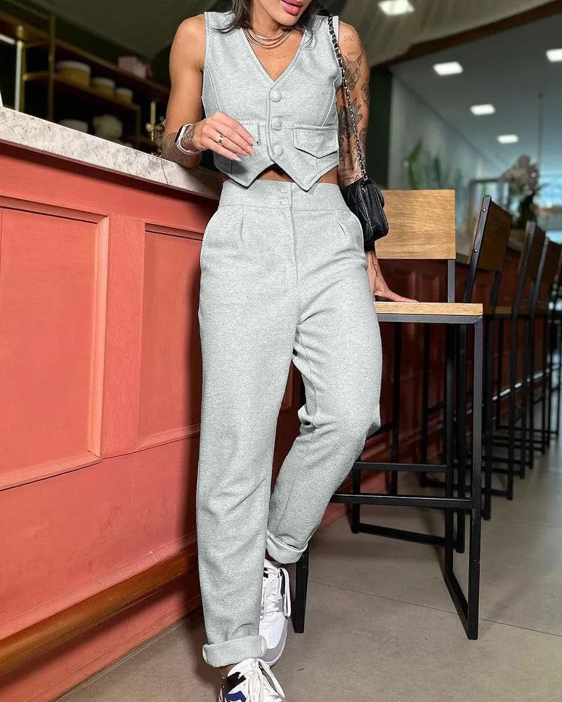 Two Piece Sets Women V Neck Sleeveless Single Breasted Vest Tops Casual Straight Long Pants Set Regular Splice 2023 Autumn