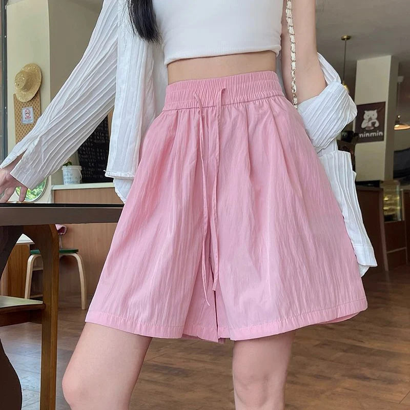 2025 New Lady Casual Ice Silk Drawstring Short Pants Girls Solid Baggy Elastic High Waisted Shorts Women Korean Wide Leg Slacks