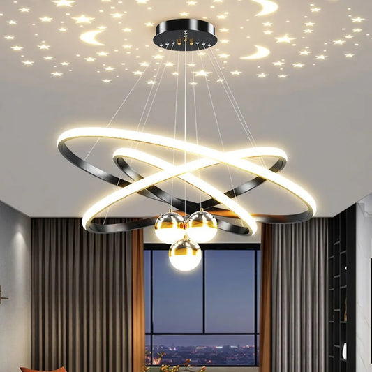 Modern Living Room Ring Chandelier with Moon Stars Creative Black/Gold Ring Circle LED Chandelier Light for Bedroom Dining Room