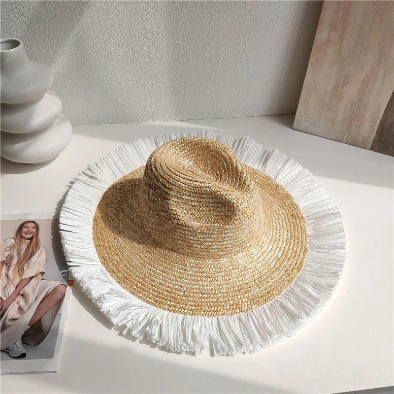 Summer straw hat French elegant seaside travel sun hat bow ribbon flat top large brim straw hat hats for women