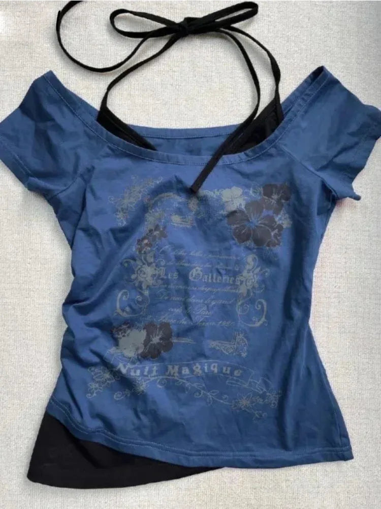 Vintage Fake Two Piece Halter Lace Up T-shirts Y2k Slim Fit Print Tops Women Off Shoulder Short Sleeve Tee Shirt