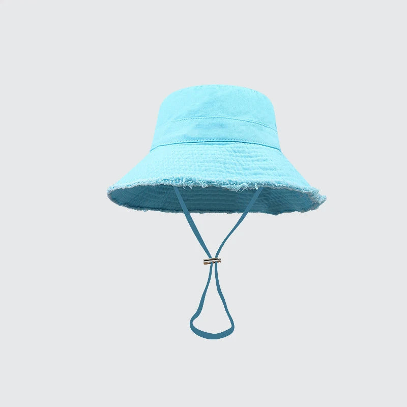 Ladies' denim drawstring torn edge bucket hat, sun resistant outdoor hiking hat, adjustable, fashionable daily travel headwear