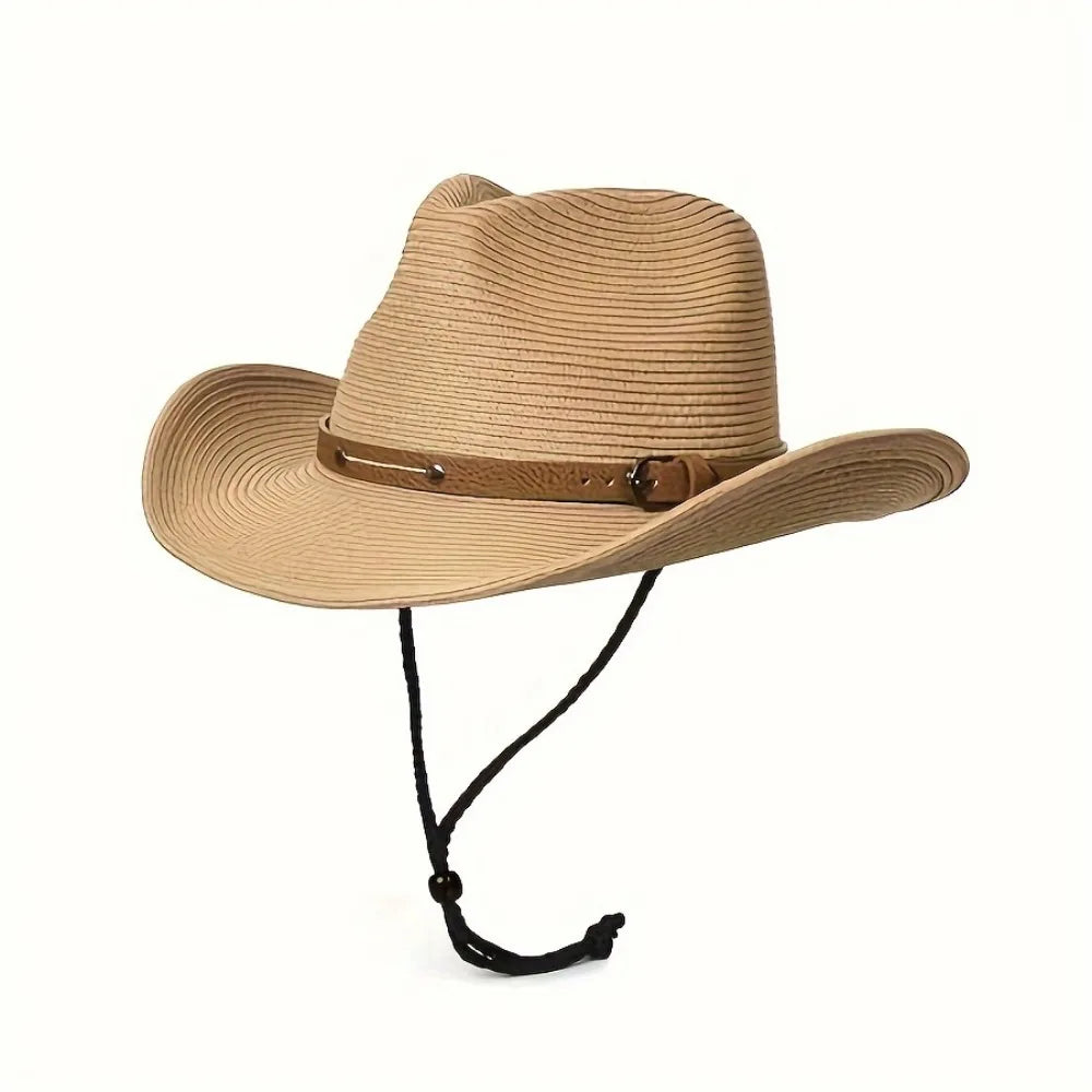 Foldable Unisex Wide Brim Straw Cowboy Hat, Sun Protection Western Cowgirl/Cowboy Hat, Summer Beach Sun Hat With Wind Lanyard