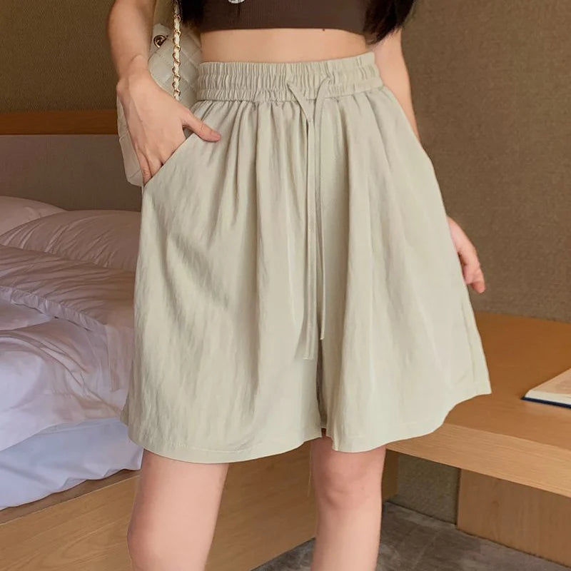2025 New Lady Casual Ice Silk Drawstring Short Pants Girls Solid Baggy Elastic High Waisted Shorts Women Korean Wide Leg Slacks