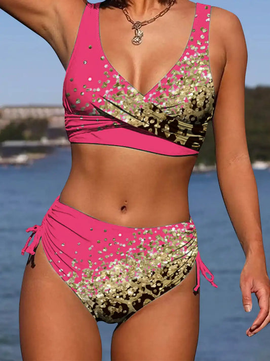 2025 Drawstring V Neck High Waist Bikini Women Printed Swimwear Female Swimsuit Bathers Bathing Swimming Suit Beachwear Summer